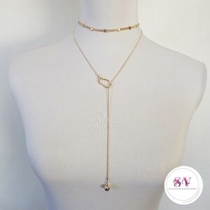 Gold choker with long pendant necklace